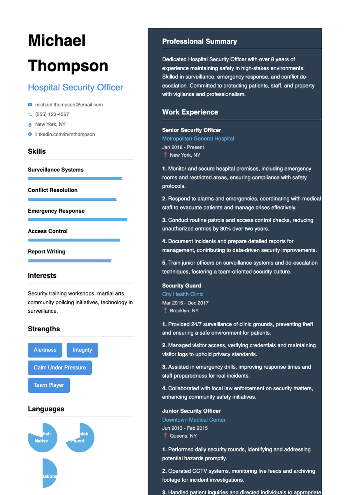 Modern two column hospital security officer resume with skills bar chart and photo_variant_3